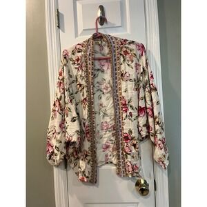 Akemi + Kin Anthropologie Floral Kimono Cardigan Open Front Boho Cream OS